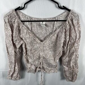 Japna Pink Leopard Print Ruched V-Neck Long Sleeve Smocked Crop Top